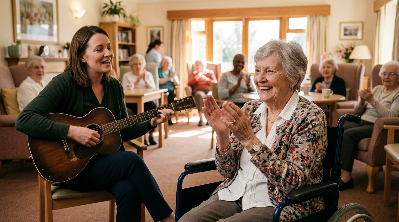 Personne âgée participant à un atelier de musicothérapie en maison de repos