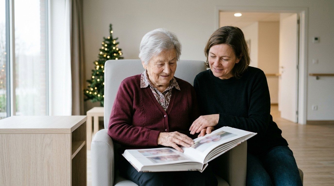 Une fille et sa mère atteinte d'Alzheimer regardent un album de photos de famille près d'un sapin de Noël, dans le salon d'une maison de repos