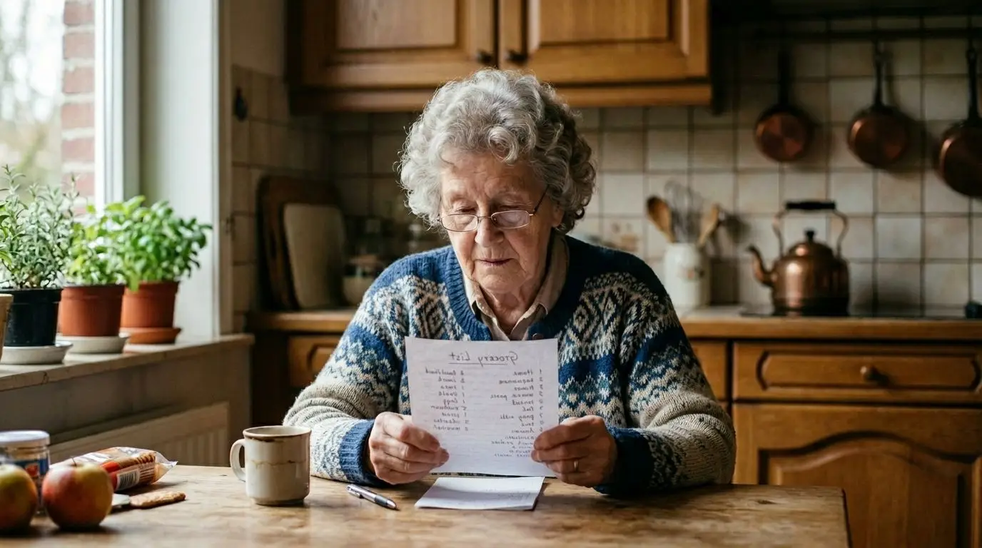 Femme âgée perplexe devant sa liste de courses — 10 signes d'alerte Alzheimer