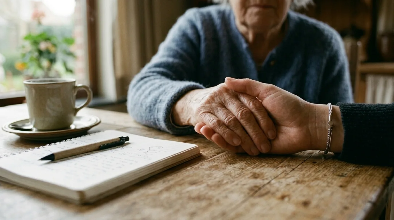 Mains d'une personne âgée tenant celles d'une accompagnante au domicile