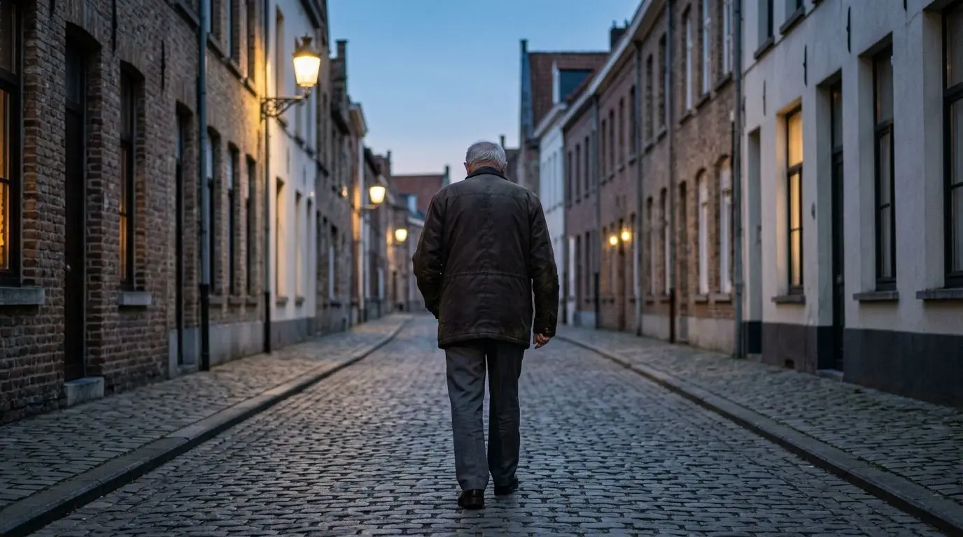 Homme âgé marchant seul au crépuscule — l'errance chez la personne Alzheimer