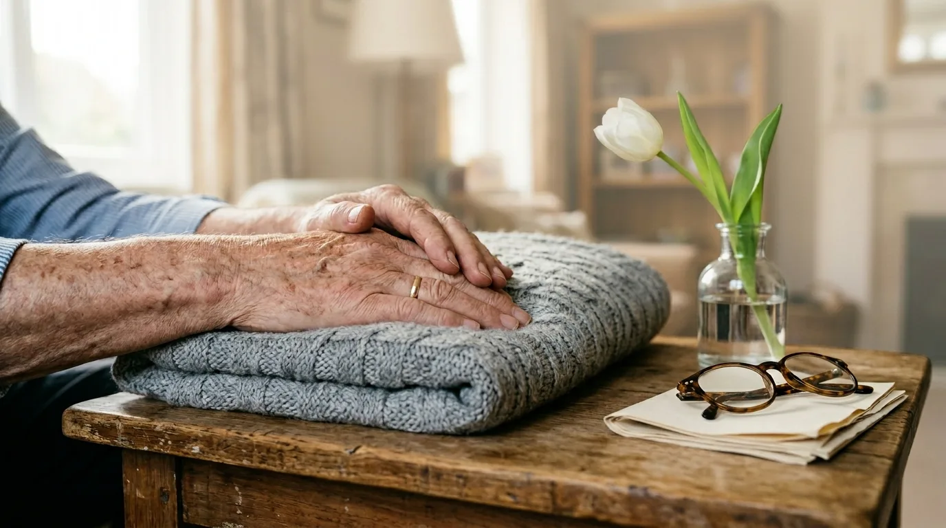 Mains croisées d'une personne âgée tenant un document
