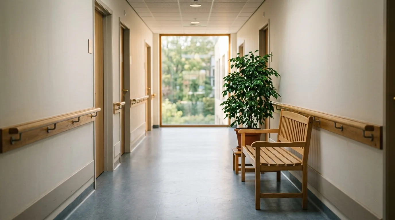 Couloir d'hôpital lumineux avec mobilier d'accueil