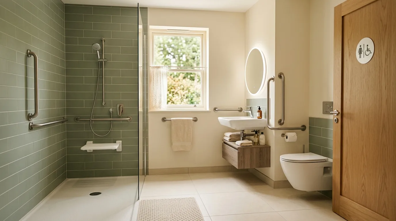 Salle de bain adaptée et lumineuse avec repères visuels pour aider une personne âgée à trouver les toilettes