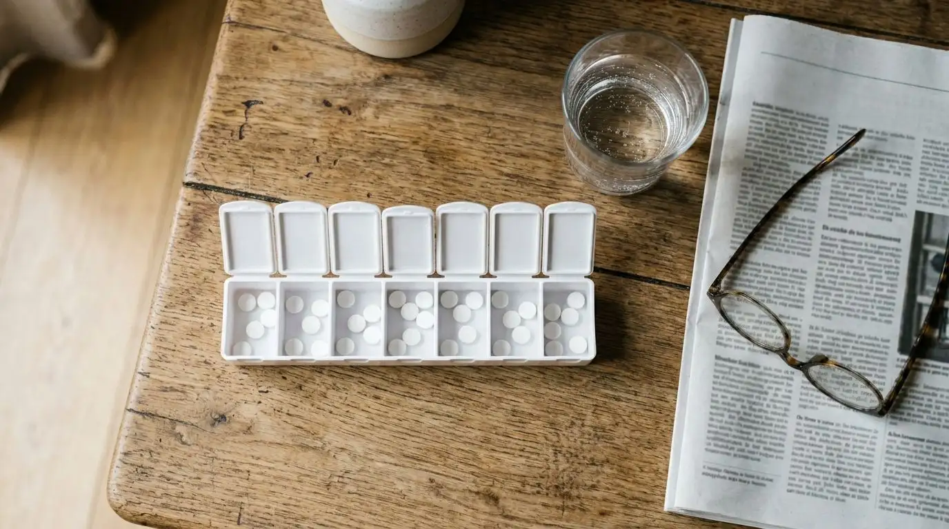Boîte de médicaments et pilulier sur une table de cuisine