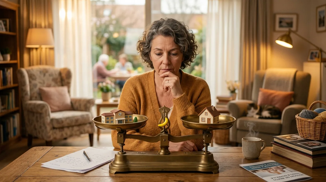 Femme réfléchissant à une décision — maison de repos ou maintien à domicile