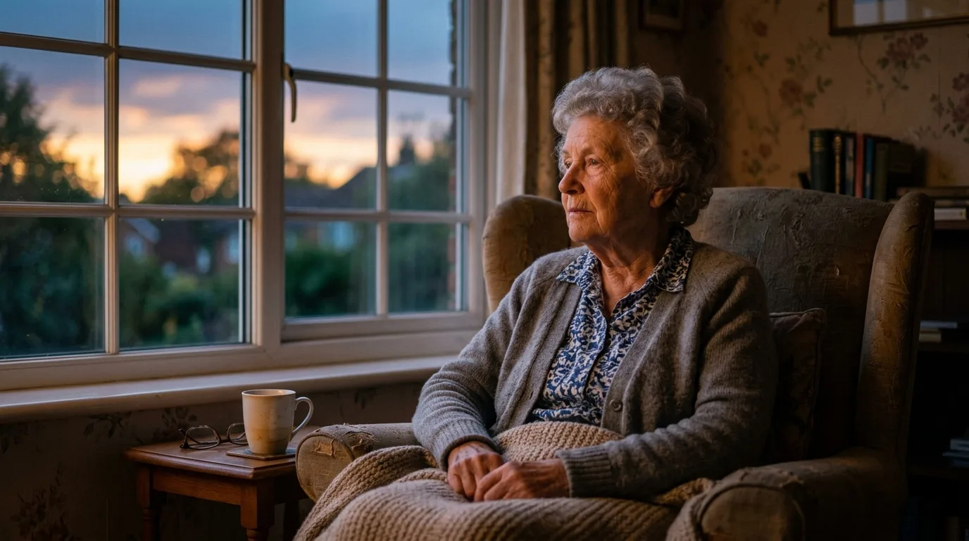 Femme âgée à la fenêtre au crépuscule — syndrome crépusculaire Alzheimer