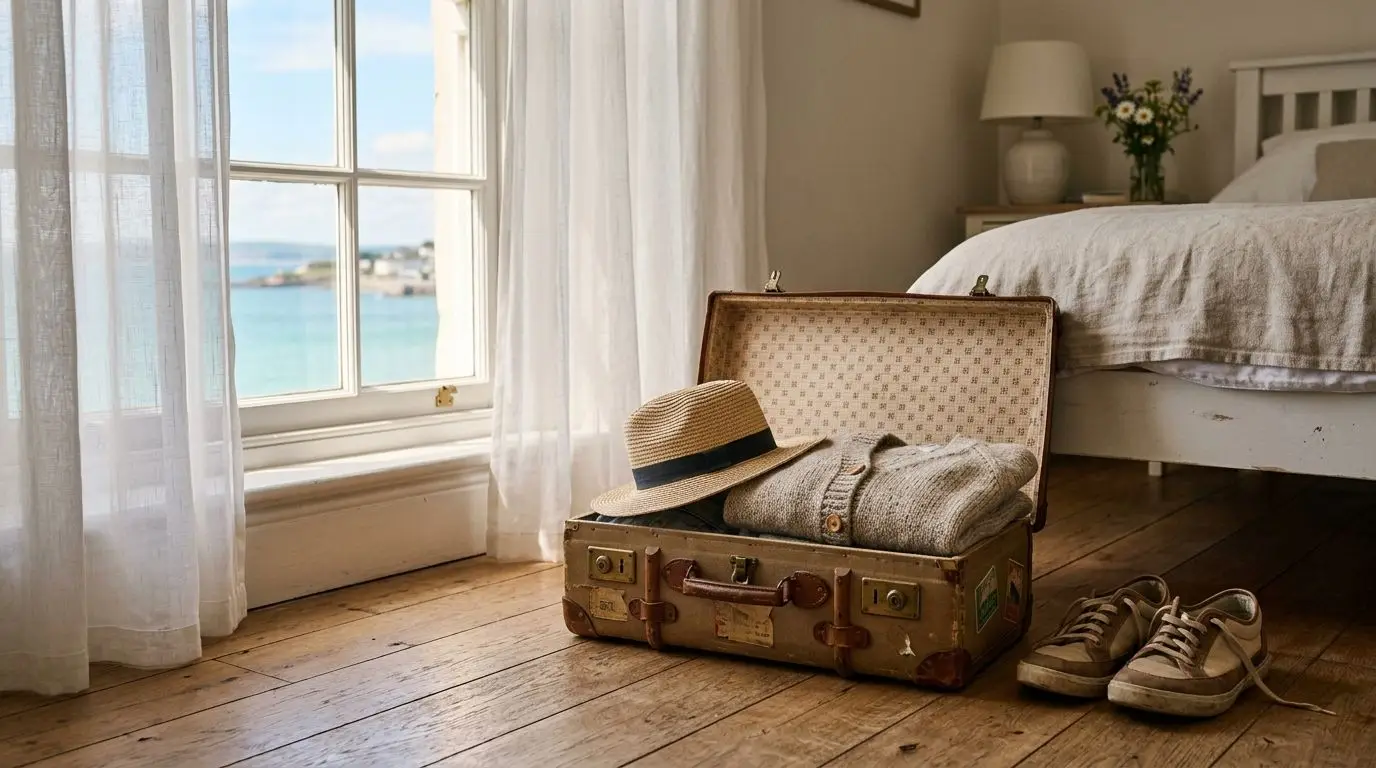 Valise et chapeau de paille posés près d'une fenêtre avec vue sur la mer