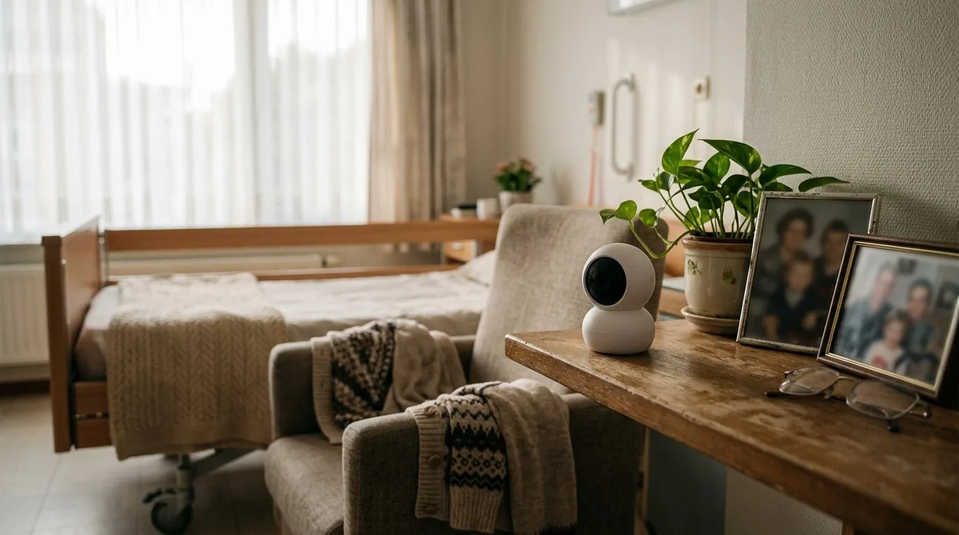 Petite caméra Wi-Fi blanche posée sur un meuble à côté de photos de famille, dans une chambre de maison de repos