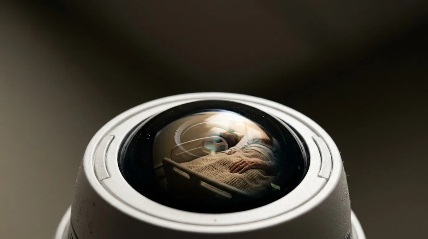 Reflet d'une chambre de maison de repos dans l'objectif d'une caméra de surveillance, la main d'une personne âgée posée sur une couverture