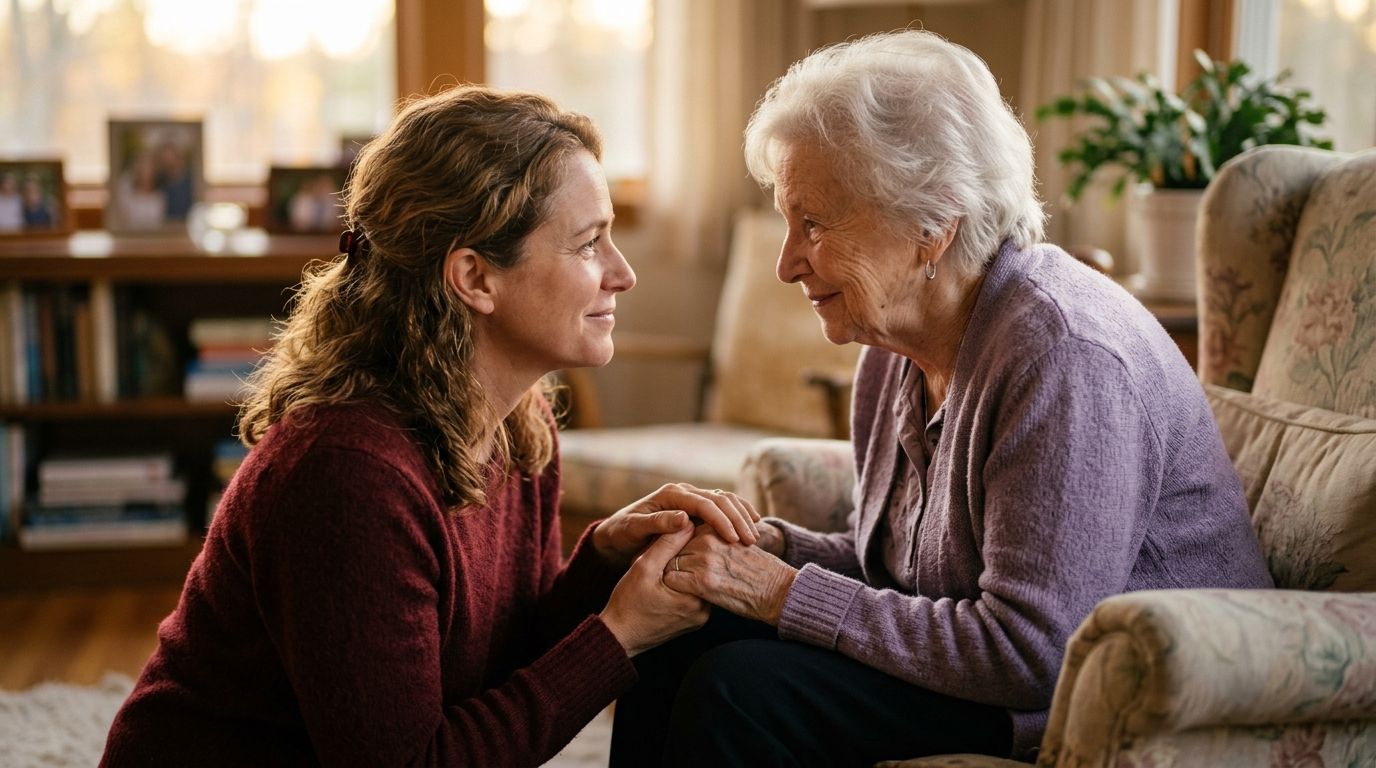 Aidant tenant la main d'une personne âgée — communication non verbale