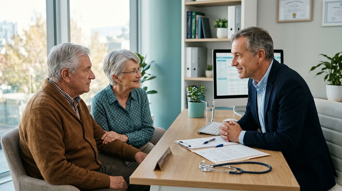 Médecin expliquant un diagnostic à une famille, symbolisant l'annonce du diagnostic d'Alzheimer