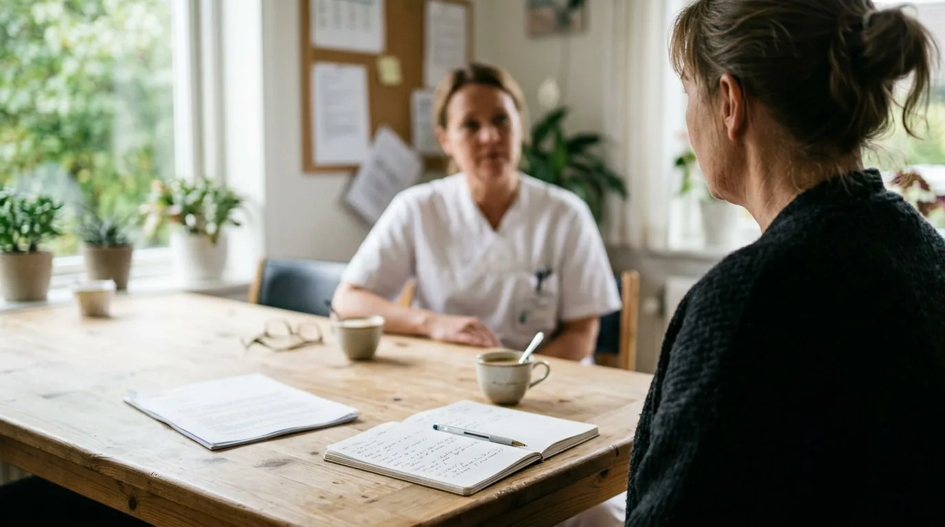 Une femme en rendez-vous avec l'infirmière en chef d'une maison de repos, un carnet de notes ouvert sur la table