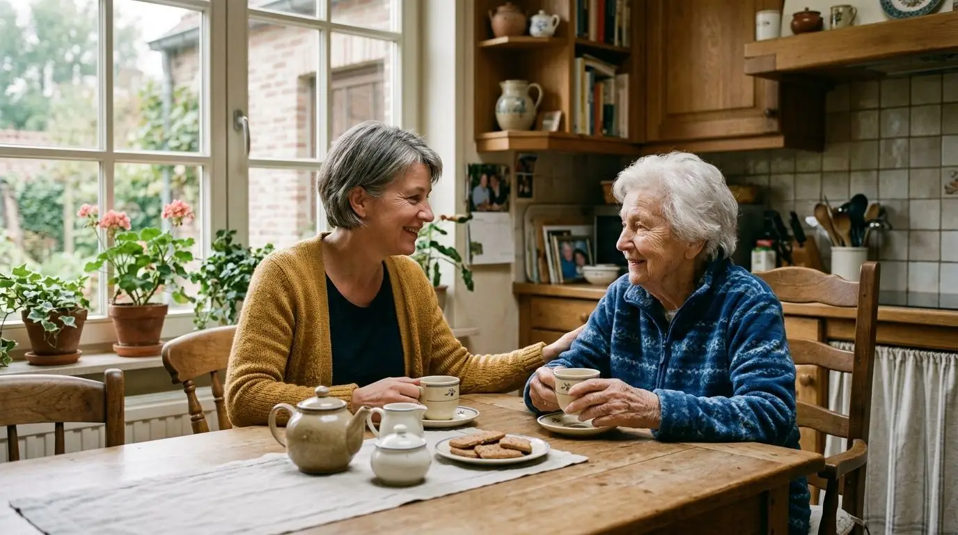 Fille partageant un thé avec sa mère âgée à la maison — accompagnement Alzheimer