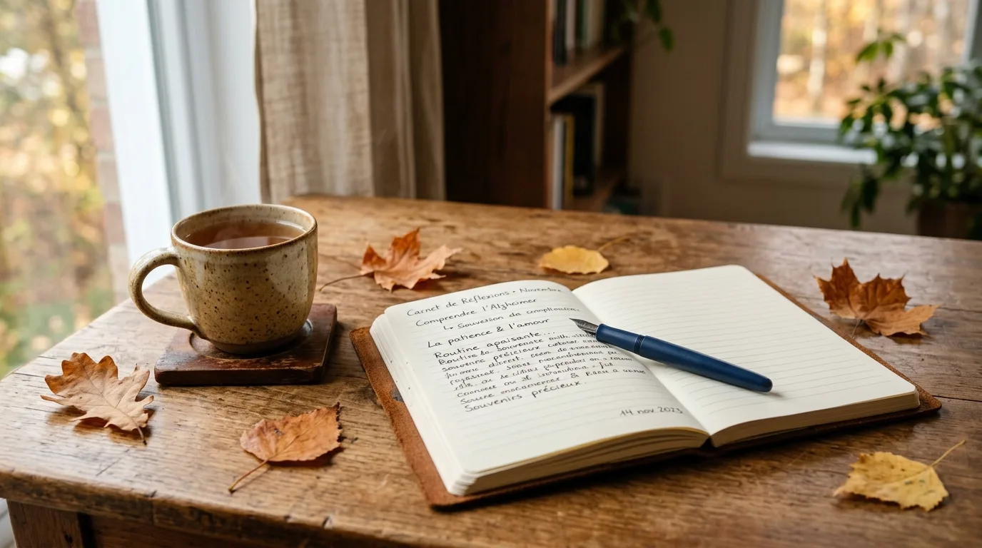 Carnet et tasse de thé — blog Alzheimer Belgique