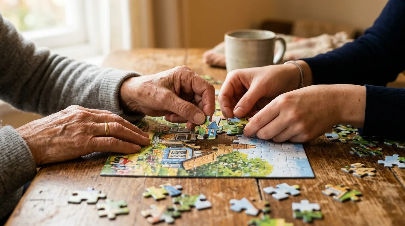 Mains d'un aidant et d'une personne âgée assemblant un puzzle — outils d'évaluation